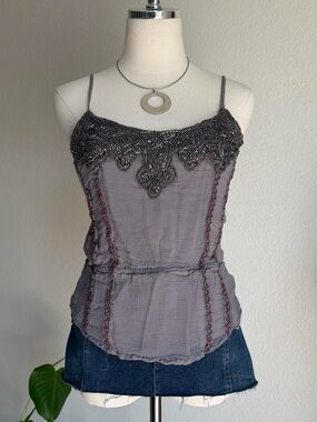 Women's Gray Beaded Spaghetti Strap Top